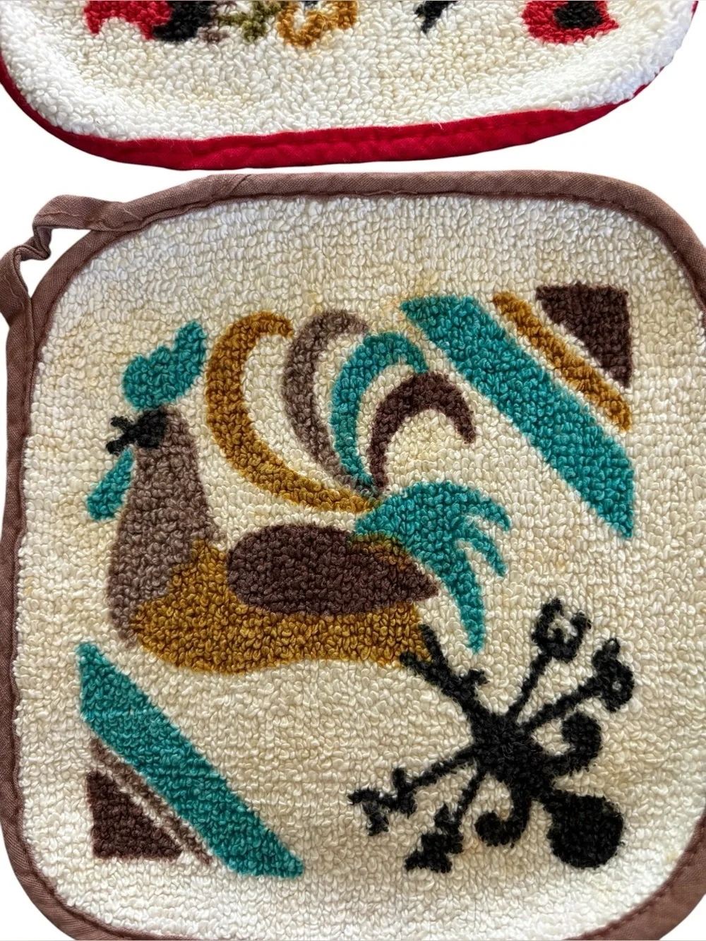 VTG Lot 2 50’s Square Rooster Hot Pads/Pot Holders Red/Teal With Hook Loop